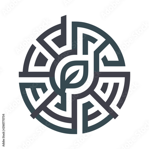 Circular Geometric Maze Logo Icon with Leaf in Center for Eco Nature and Agriculture Concept