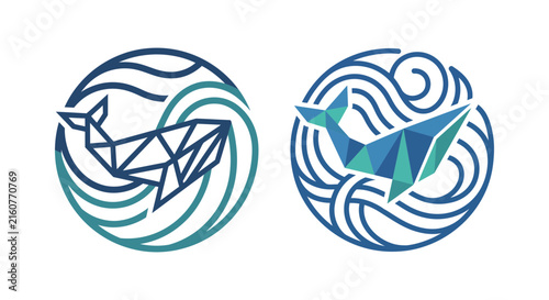 Geometric Low Poly Whale in Ocean Waves Circular Logo Icons