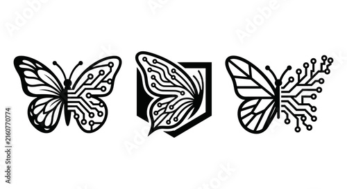 Cyber Butterfly Tech Circuit Logo Vector Icons Set with Digital Futuristic Technology Elements