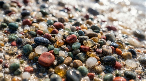 Colorful pebbles and sea glass wet on sandy shoreline close up