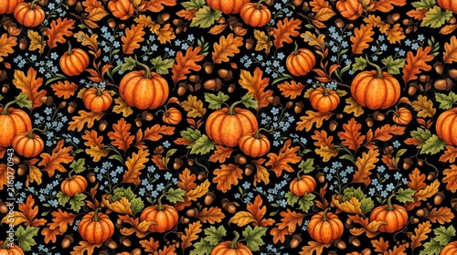 Seamless pattern with pumpkins, oak leaves, and acorns on a black background