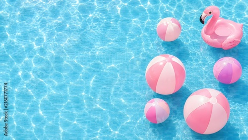 Pink flamingo float and colorful beach balls floating on clear turquoise water perfect for summer holiday themes.
