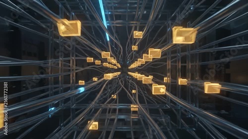 Digital Network of Information Folders: A complex and intricate digital network is visualized, with numerous glowing golden folders interconnected by a dense web of wires and cables.