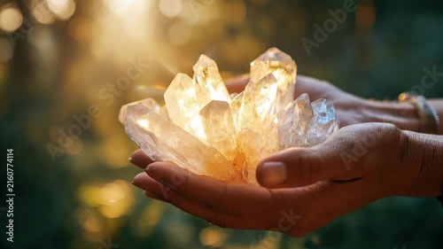 Hands holding glowing natural crystal cluster for healing