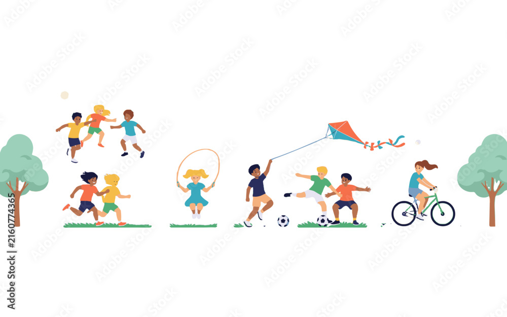 Fototapeta premium A lively collection of children engaging in various outdoor recreational activities, depicting a scene of pure childhood joy and activity.