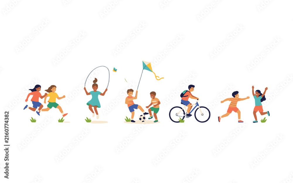 Fototapeta premium A group of diverse children engaged in various outdoor recreational activities.