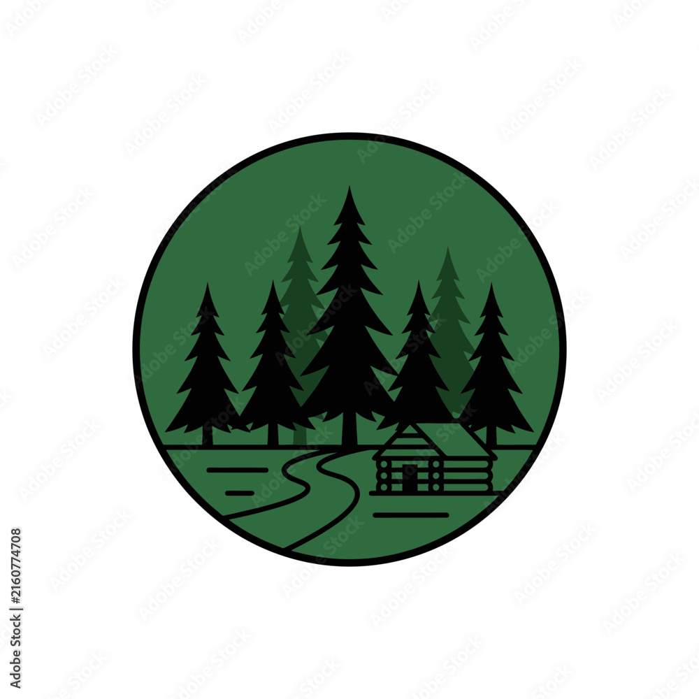 Fototapeta premium Minimalist green forest and cabin silhouette logo