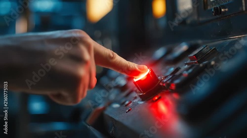 Hand pressing red button on industrial control panel