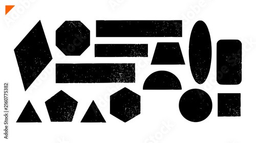 Distressed black geometric shapes, 15 textured vector elements. Grungy ink stamp silhouettes for graphic design and branding projects.