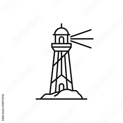 Simple lighthouse line art icon with light beams.