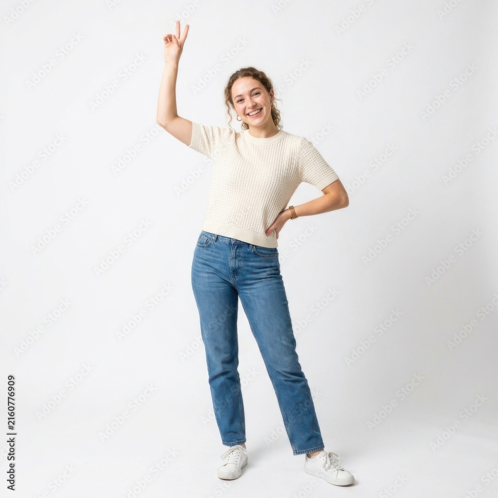 Fototapeta premium Happy young woman standing and pointing up isolated on white background