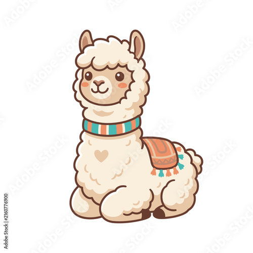 Sitting llama with colorful patterned saddle blanket.