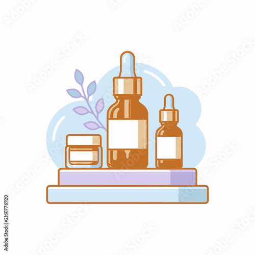 Skincare cosmetic serum bottles and cream on shelf