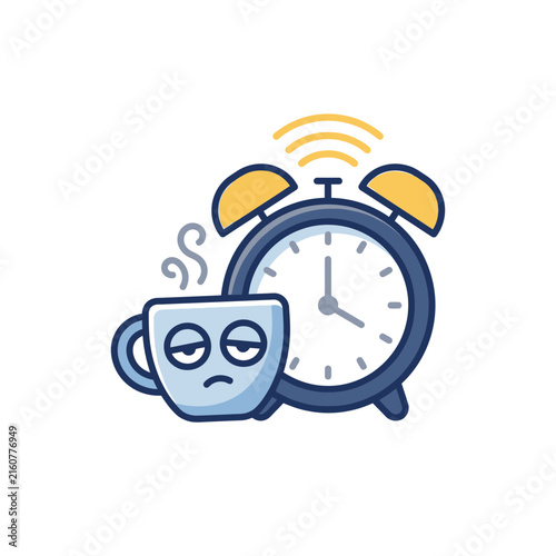Sleepy coffee mug and ringing alarm clock.
