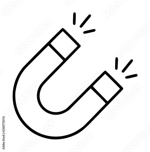 Hand-traced magnet vector icon illustration featuring a classic horseshoe shape with bold black outlines, magnetic attraction lines radiating from both poles, simple minimalist line art on white