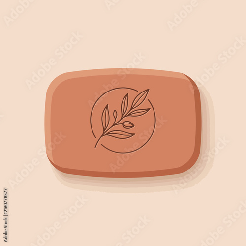 Terracotta natural soap bar with botanical leaf line art logo, minimalist skincare branding design