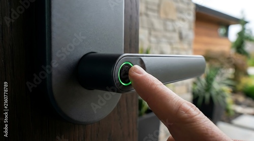 Foto Fingerprint Scanner Door Lock Being Activated Outside