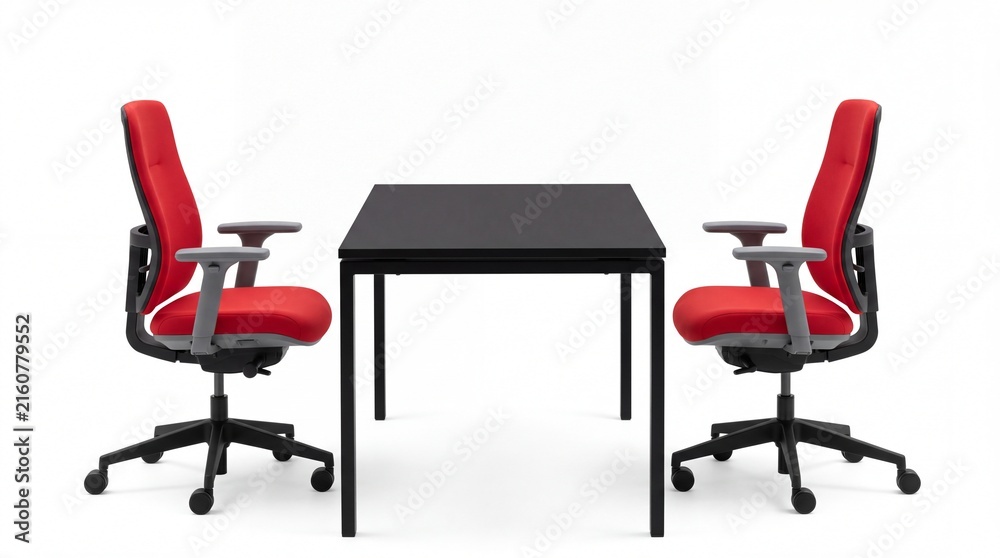 Obraz premium Modern office table with two ergonomic red chairs facing each other in professional meeting room environment captured on white background