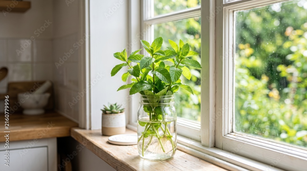 Fototapeta premium Fresh mint plant rooting in glass jar by window, propagation, healthy green herbs growing indoors, natural kitchen decoration, sustainable lifestyle, gardening hobby