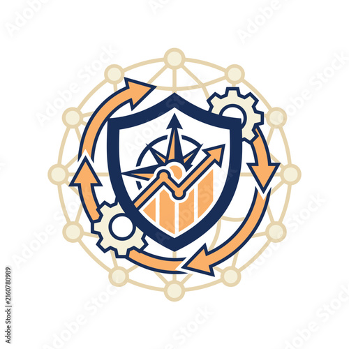 Strategic navigation shield with compass and arrows.