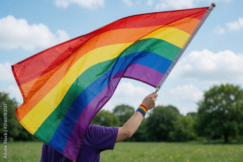 Fototapeta premium Young person holds large rainbow flag in windy summer meadow. LGBTQ pride symbol waves under blue sky with clouds. Person celebrates diversity, equality, freedom in nature. Colorful stripes fly in