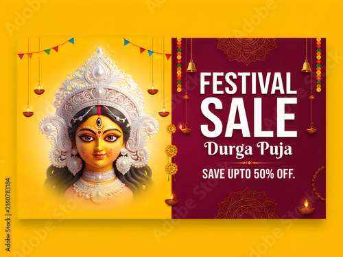 Durga puja festival sale banner with goddess durga illustration, traditional lamps, and festive decorations, offering up to 50 percent discount for holiday shopping