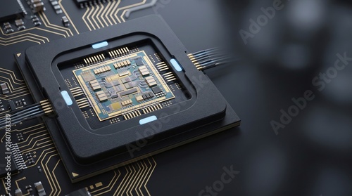 Co packaged optics CPO photonic semiconductor chip 3D illustration with copy space