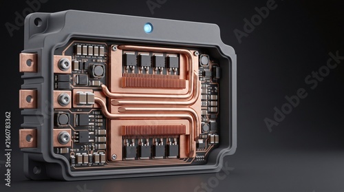 Silicon carbide SiC power inverter module 3D illustration with copy space