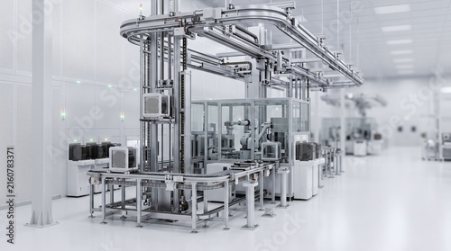 High tech semiconductor fabrication cleanroom facility 3D illustration with copy space