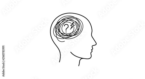 Confused head silhouette with question mark and tangled thoughts inside