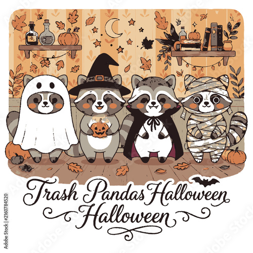 Cute Raccoons in Halloween Costumes Vector Illustration for Autumn Holiday Celebration