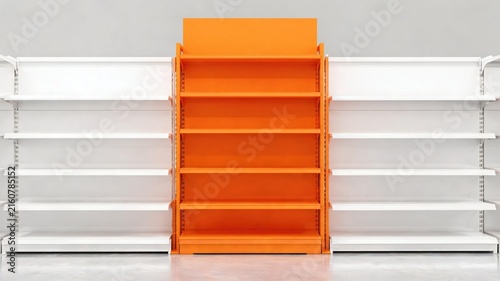 Wide supermarket gondola with orange promotional center shelving