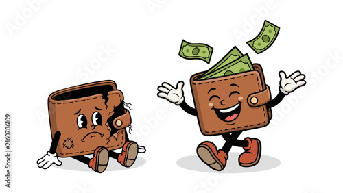 Rich vs poor wallet mascot cartoon vector illustration with sad empty wallet and happy full wallet with money. Concept of wealth vs poverty, financial success, bankruptcy, savings, investment, and eco