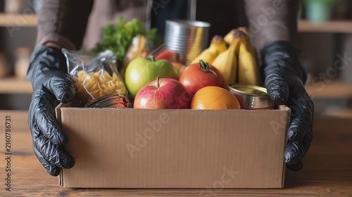 Box of fresh assorted fruits and groceries.