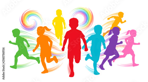 Active Children Running Together with Colorful Motion Swirls Vector

 Kids Sprinting and Racing Silhouette Concept for Youth Sports and Fitness

Dynamic Group of Colorful Children Run