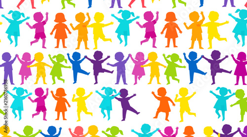 Colorful Seamless Pattern of Happy Children Dancing and Playing Vector Illustration of Kids Silhouettes Background