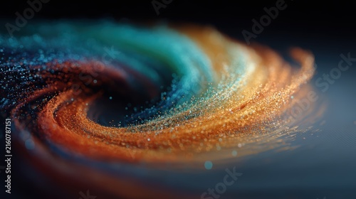 Vibrant abstract swirling vortex of glowing glitter particles and colorful sand waves with dynamic energy and soft bokeh depth of field.