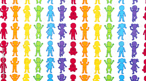 Seamless Geometric Grid Pattern of Multicolored Children Silhouettes Standing in Rows for Textile and Wallpaper