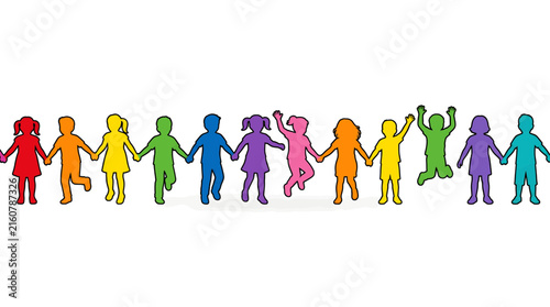 Row of Diverse Multicolored Children Silhouettes Holding Hands and Celebrating Vector Illustration of Friendship