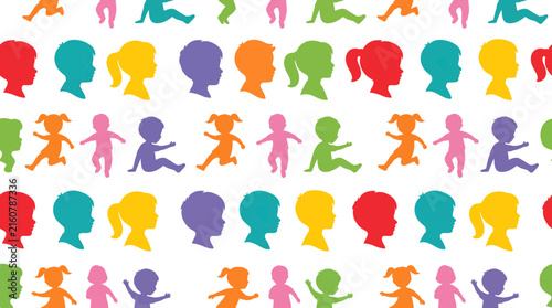 Seamless Pattern of Toddler Side Profiles and Baby Silhouettes Early Childhood Development Vector Illustration