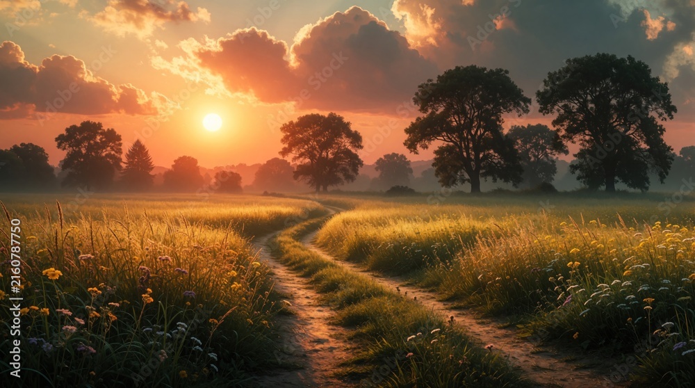 Fototapeta premium Dirt path winds through golden field at sunset. Trees and clouds are silhouetted against warm sky. Rural landscape bathed in soft light, evoking peace.