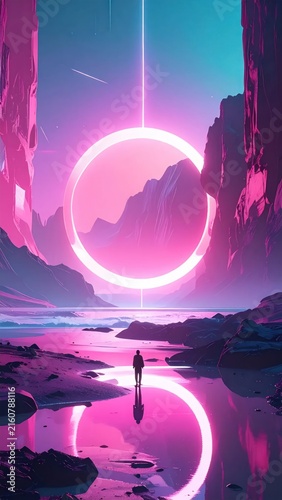 Futuristic sci-fi landscape with glowing pink portal and traveler.