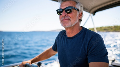 Confident yacht helmsman steering at flybridge with coastal sea in background