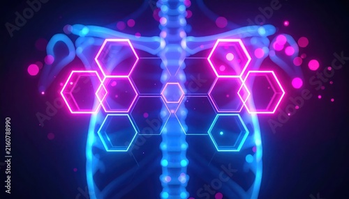 Glowing Hexagons Overlaying Abstract Futuristic Human Skeleton Rib Cage and Spine with Bokeh Lights