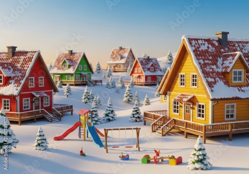 Charming winter village with snowcovered houses, evergreen trees, and a childrens playground