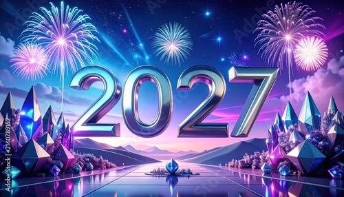 Glowing 2027 year sign with colorful night fireworks.
