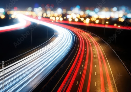 Light trails on a highway at night, creating a sense of speed and motion