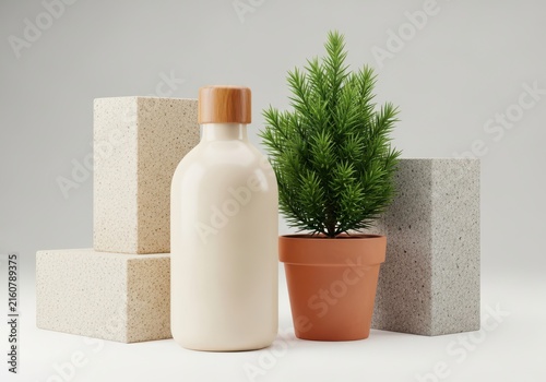A minimalist product display featuring a creamcolored bottle, a small potted evergreen tree, and textured blocks