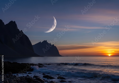 A dramatic coastal landscape at sunset with jagged mountains, a crescent moon in the twilight sky, and waves crashing