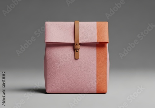 A modern pink and orange fabric lunch bag with a leather strap and buckle closure